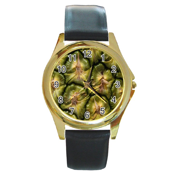 Pineapple Fruit Close Up Macro Round Gold Metal Watch