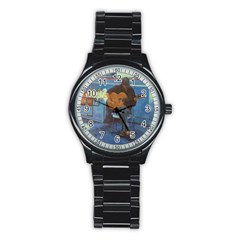 Man And His Guitar Stainless Steel Round Watch by digitaldivadesigns