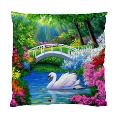 Swan Bird Spring Flowers Trees Lake Pond Landscape Original Aceo Painting Art Standard Cushion Case (one Side) by Amaryn4rt