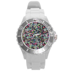 Neon Floral Print Silver Spandex Round Plastic Sport Watch (l) by Simbadda