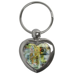 Old Newspaper And Gold Acryl Painting Collage Key Chains (heart)  by EDDArt