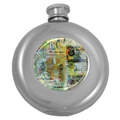 Old Newspaper And Gold Acryl Painting Collage Round Hip Flask (5 Oz) by EDDArt