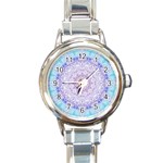 India Mehndi Style Mandala   Cyan Lilac Round Italian Charm Watch Front