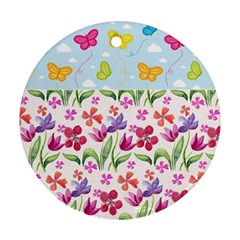 Watercolor Flowers And Butterflies Pattern Ornament (round) by TastefulDesigns