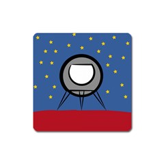 A Rocket Ship Sits On A Red Planet With Gold Stars In The Background Square Magnet by Simbadda