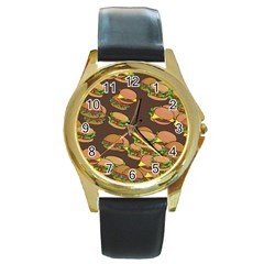 A Fun Cartoon Cheese Burger Tiling Pattern Round Gold Metal Watch by Simbadda