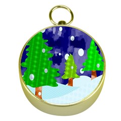 Christmas Trees And Snowy Landscape Gold Compasses by Simbadda