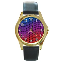 Colorful Red & Blue Gradient Background Round Gold Metal Watch by Simbadda