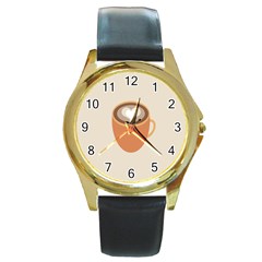 Artin Coffee Chocolate Brown Heart Love Round Gold Metal Watch by Mariart