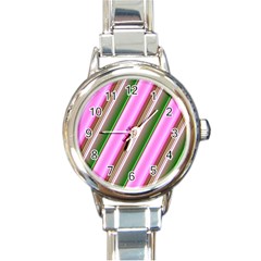 Pink And Green Abstract Pattern Background Round Italian Charm Watch by Nexatart