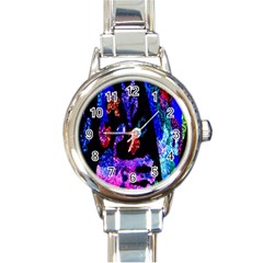 Grunge Abstract In Black Grunge Effect Layered Images Of Texture And Pattern In Pink Black Blue Red Round Italian Charm Watch by Nexatart