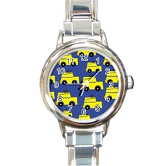 A Fun Cartoon Taxi Cab Tiling Pattern Round Italian Charm Watch by Nexatart