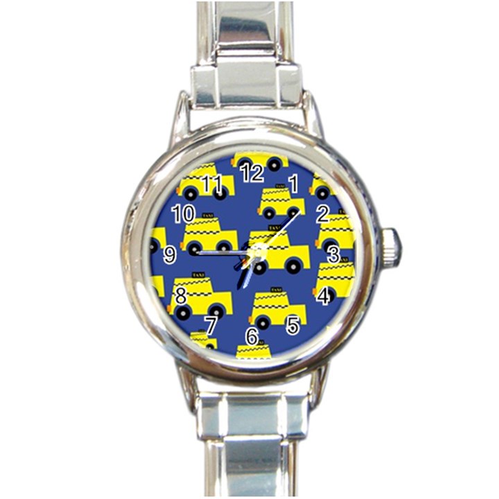 A Fun Cartoon Taxi Cab Tiling Pattern Round Italian Charm Watch