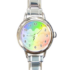 Cloud Blue Sky Rainbow Pink Yellow Green Red White Wave Round Italian Charm Watch by Mariart