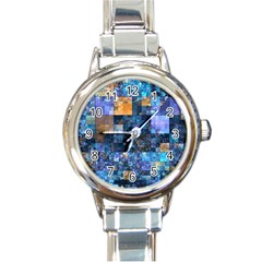 Blue Squares Abstract Background Of Blue And Purple Squares Round Italian Charm Watch by Nexatart