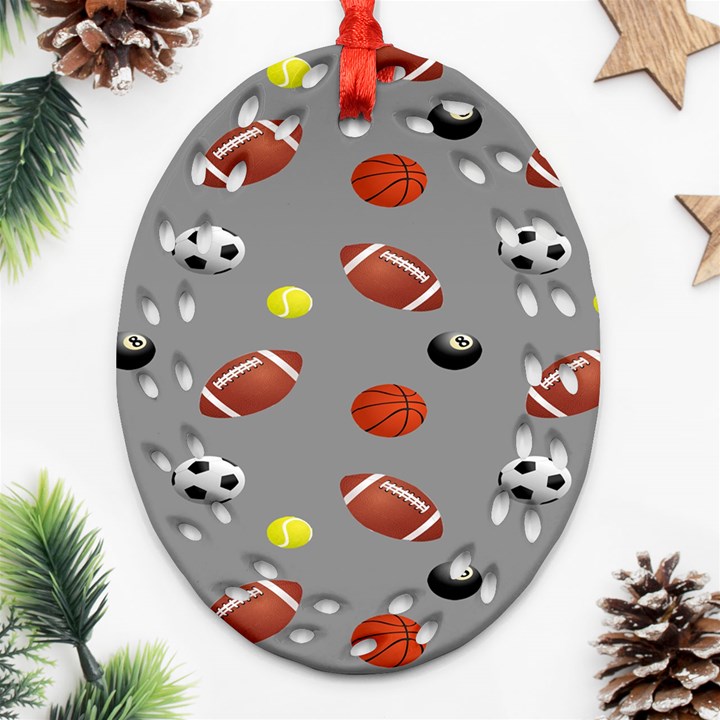 Balltiled Grey Ball Tennis Football Basketball Billiards Ornament (Oval Filigree)