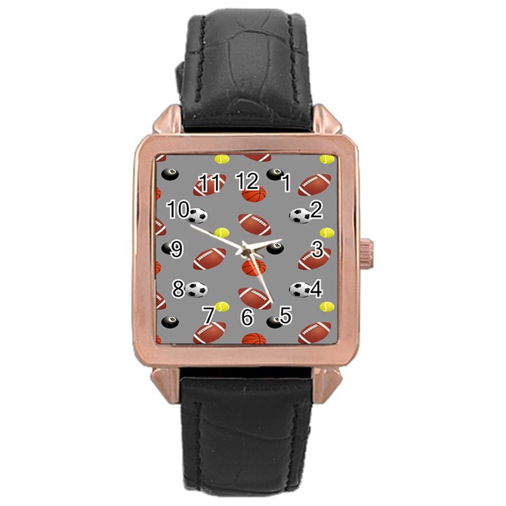 Balltiled Grey Ball Tennis Football Basketball Billiards Rose Gold Leather Watch 