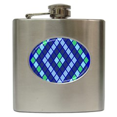 Blue Diamonds Green Grey Plaid Line Chevron Hip Flask (6 Oz) by Mariart