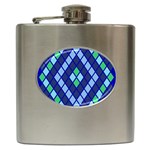 Blue Diamonds Green Grey Plaid Line Chevron Hip Flask (6 oz) Front