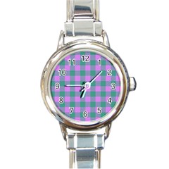 Plaid Pattern Round Italian Charm Watch by ValentinaDesign