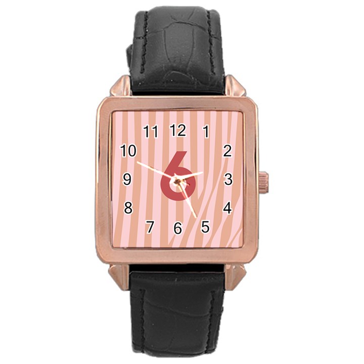 Number 6 Line Vertical Red Pink Wave Chevron Rose Gold Leather Watch 