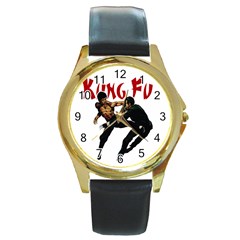 Kung Fu  Round Gold Metal Watch by Valentinaart