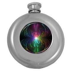 Anodized Rainbow Eyes And Metallic Fractal Flares Round Hip Flask (5 Oz) by jayaprime