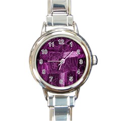 Purple Background Patchwork Flowers Round Italian Charm Watch by BangZart