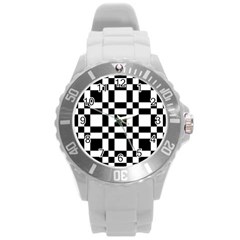 Checkerboard Black And White Round Plastic Sport Watch (l) by Colorfulart23