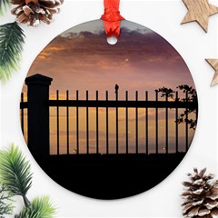 Small Bird Over Fence Backlight Sunset Scene Round Ornament (two Sides) by dflcprints