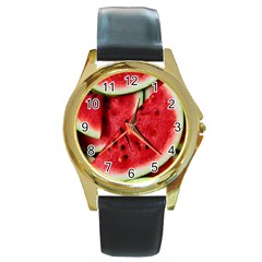 Fresh Watermelon Slices Texture Round Gold Metal Watch by BangZart