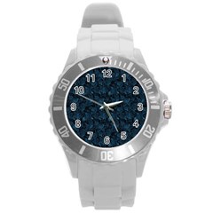 Blue Flower Glitter Look Round Plastic Sport Watch (l) by gatterwe