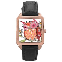 Summer Colourful Owl T Shirt Rose Gold Leather Watch  by AmeeaDesign