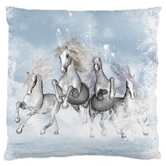 Awesome Running Horses In The Snow Large Flano Cushion Case (two Sides) by FantasyWorld7