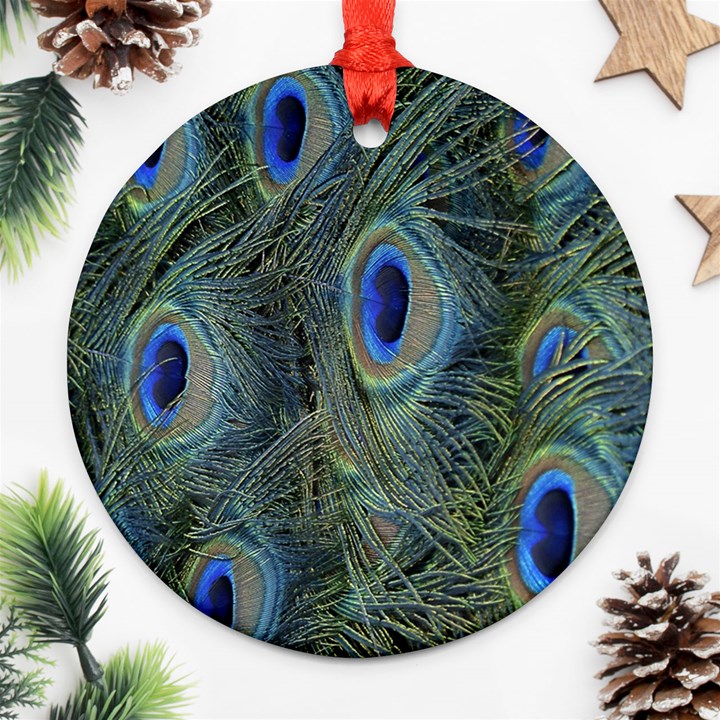 Peacock Feathers Blue Bird Nature Round Ornament (Two Sides)