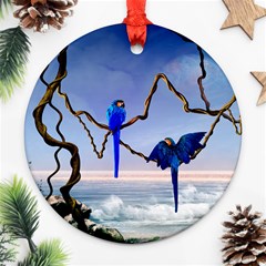 Wonderful Blue  Parrot Looking To The Ocean Round Ornament (two Sides) by FantasyWorld7