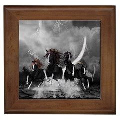 Awesome Wild Black Horses Running In The Night Framed Tiles by FantasyWorld7