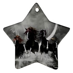 Awesome Wild Black Horses Running In The Night Ornament (star) by FantasyWorld7