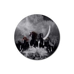 Awesome Wild Black Horses Running In The Night Rubber Round Coaster (4 Pack)  by FantasyWorld7