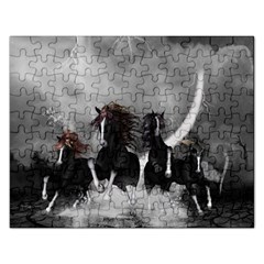 Awesome Wild Black Horses Running In The Night Rectangular Jigsaw Puzzl by FantasyWorld7