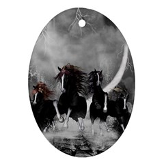 Awesome Wild Black Horses Running In The Night Oval Ornament (two Sides) by FantasyWorld7