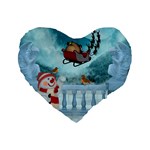 Christmas Design, Santa Claus With Reindeer In The Sky Standard 16  Premium Flano Heart Shape Cushions Front