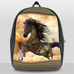 Steampunk, Wonderful Steampunk Horse With Clocks And Gears, Golden Design School Bag (xl) by FantasyWorld7