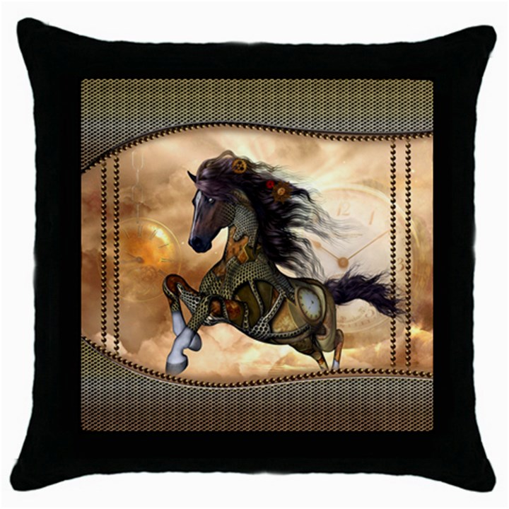 Steampunk, Wonderful Steampunk Horse With Clocks And Gears, Golden Design Throw Pillow Case (Black)