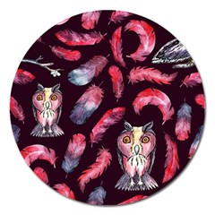 Boho Owl And Feather Pattern Magnet 5  (round) by paulaoliveiradesign