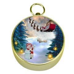 Christmas, Snowman With Santa Claus And Reindeer Gold Compasses by FantasyWorld7