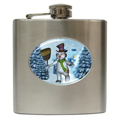 Funny Grimly Snowman In A Winter Landscape Hip Flask (6 Oz) by FantasyWorld7