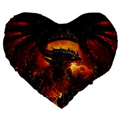 Dragon Legend Art Fire Digital Fantasy Large 19  Premium Flano Heart Shape Cushions by Celenk