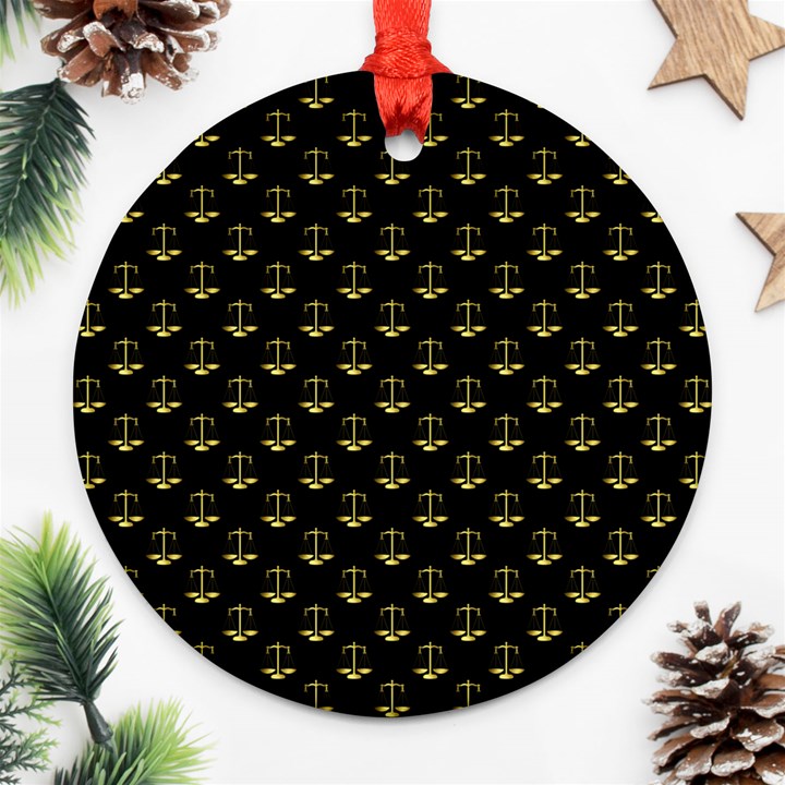 Gold Scales Of Justice on Black Repeat Pattern All Over Print  Round Ornament (Two Sides)