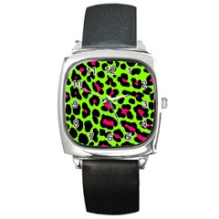 Neon Green Leopard Print Square Metal Watch by allthingseveryone